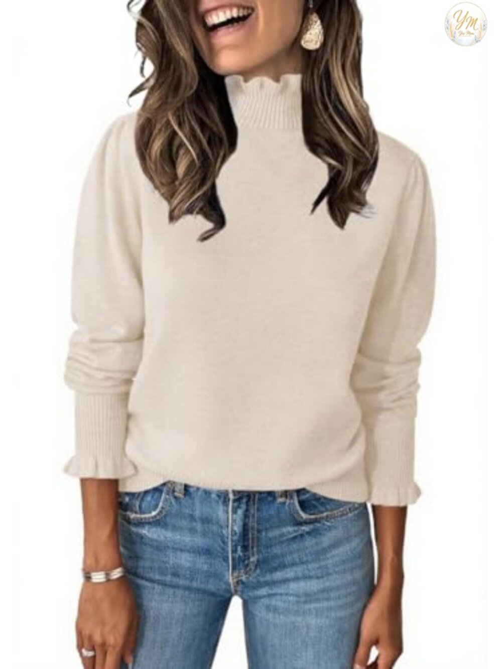 Women's Ruffle Mock Neck Puff Long Sleeve Sweater Pullover